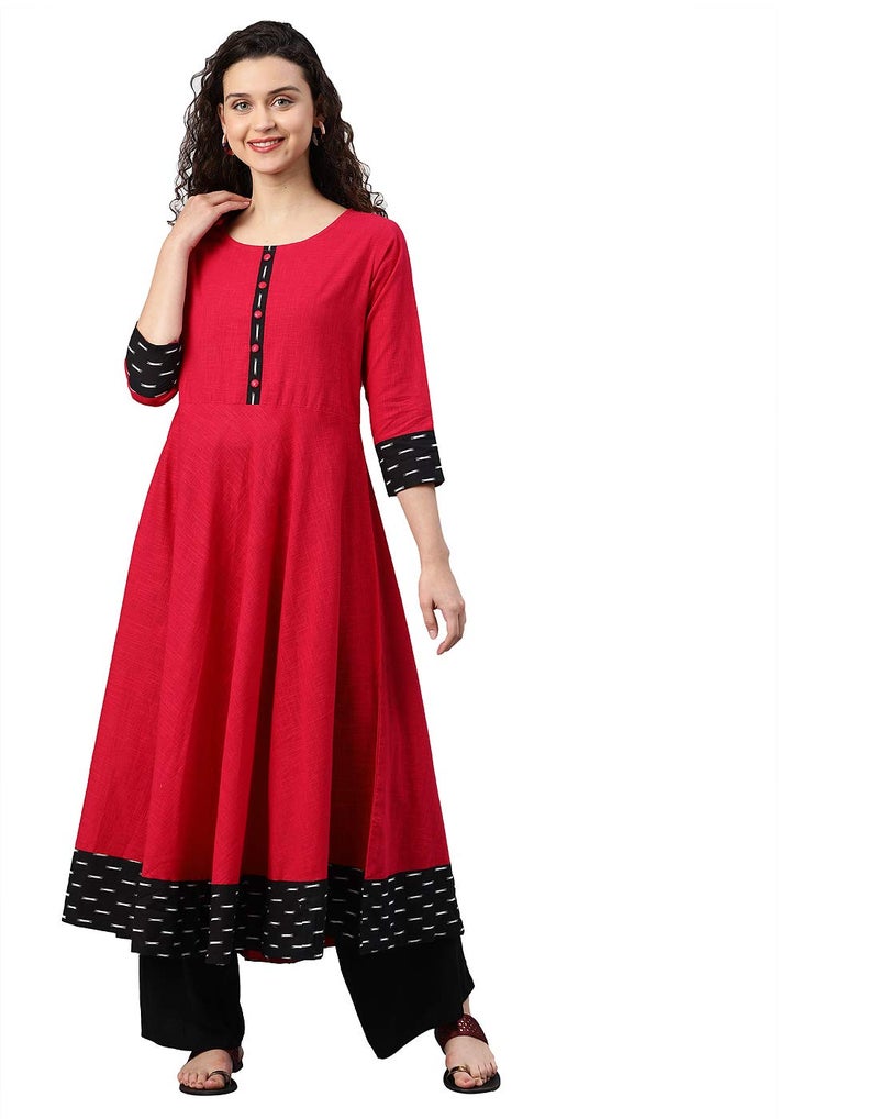 Yash Gallery Women's Cotton Slub & Cambric Cotton Solid Anarkali Kurtis (Pink) - Image 1